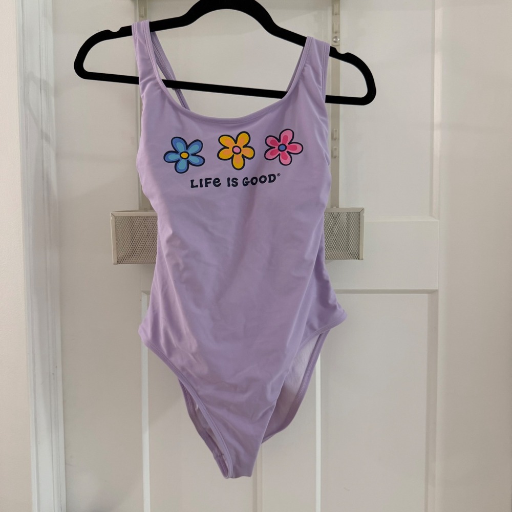 Life is Good Womens Purple Three Daisies Tie-Back Scoop One Piece Swimsuit M‎